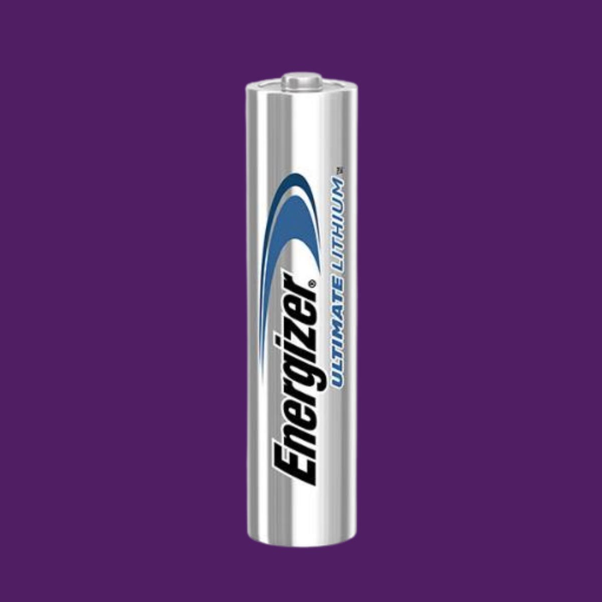 Pile Energizer AAA lithium argentée, format cylindrique, avec logo noir et bleu sur fond violet.
