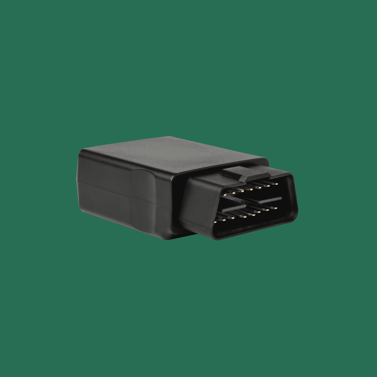 Boîtier GPS OBD noir et compact, avec connecteur multipins rectangulaire et coque en plastique mat.