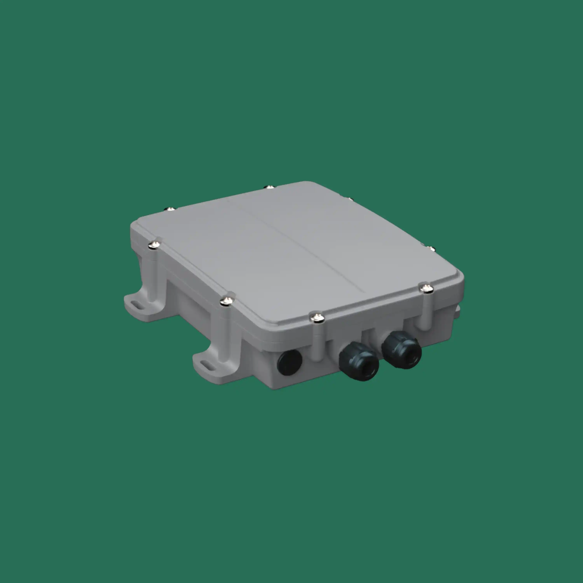 Boîtier GPS gris compact et étanche, avec couvercle vissé, pattes de fixation et connecteurs noirs.