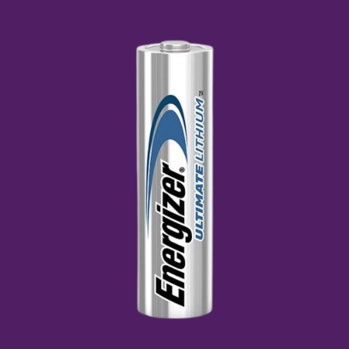 Pile Energizer Ultimate Lithium AA argentée, format cylindrique, avec logo noir et bleu sur fond violet.