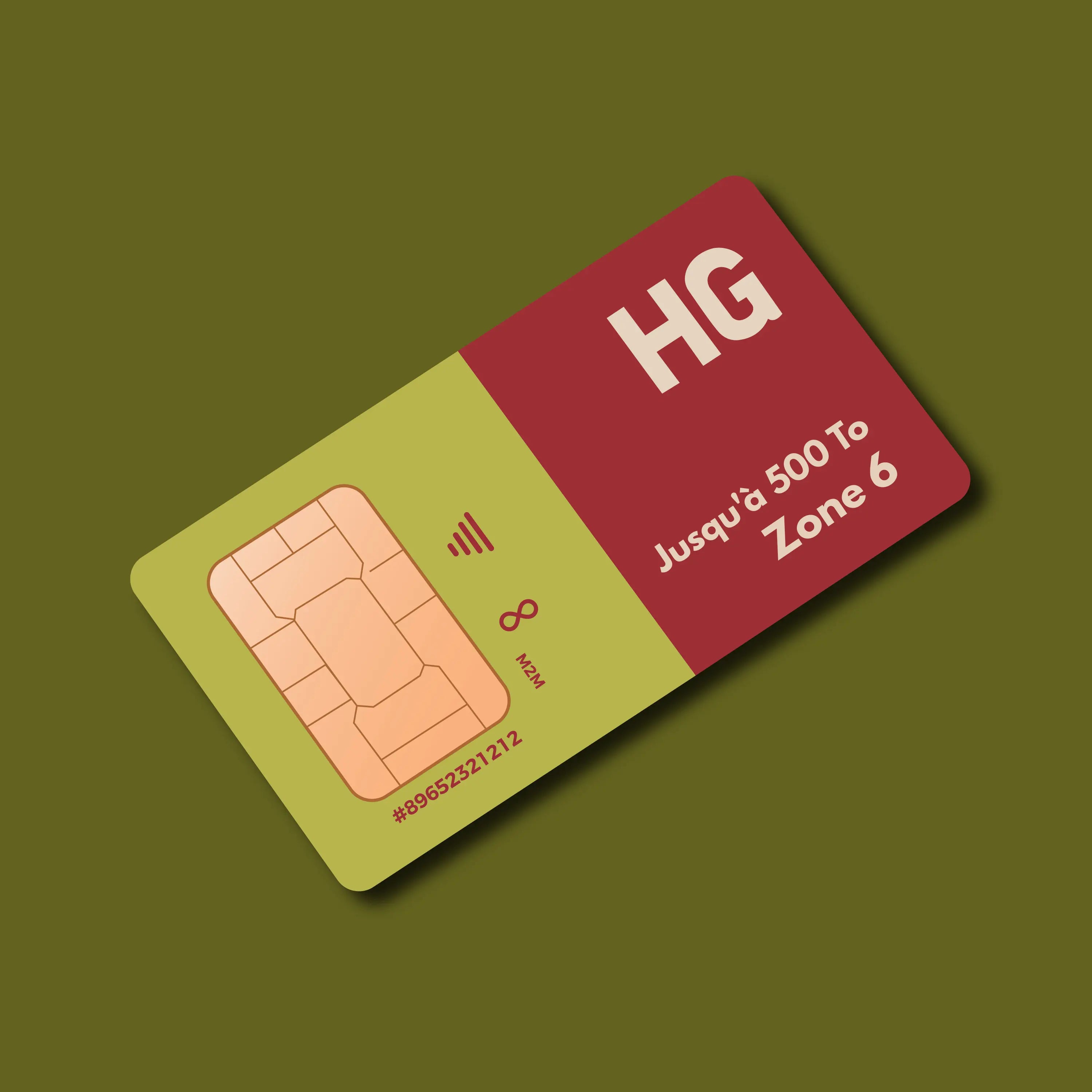 Carte SIM HIVEGLOBA HG rouge et vert olive avec puce dorée M2M Groupe Invictus Mondial.