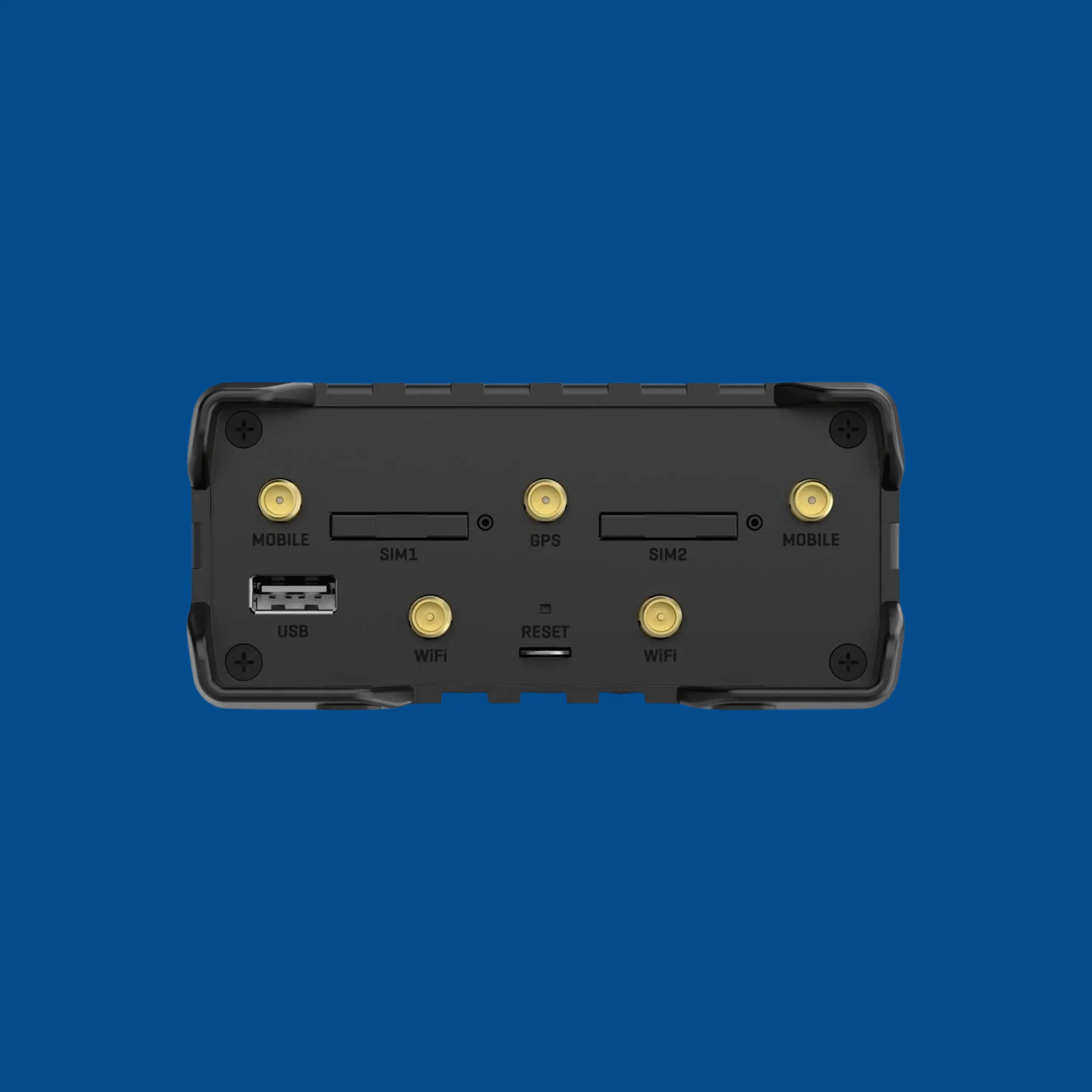 Routeur RUT956 HIVEGLOBA HG M2M MONDIAL avec connecteurs industriels SIM GNSS, fond bleu.