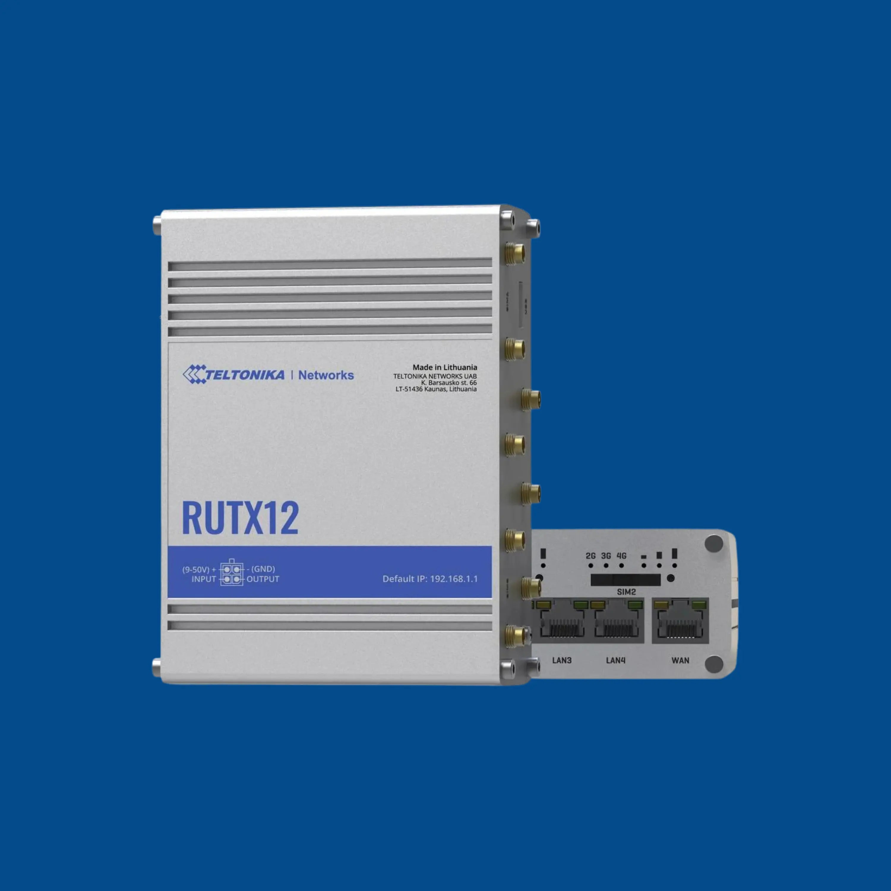 Routeur industriel RUTX12 HIVEGLOBA HG M2M MONDIAL Groupe Invictus gris métallique compact.