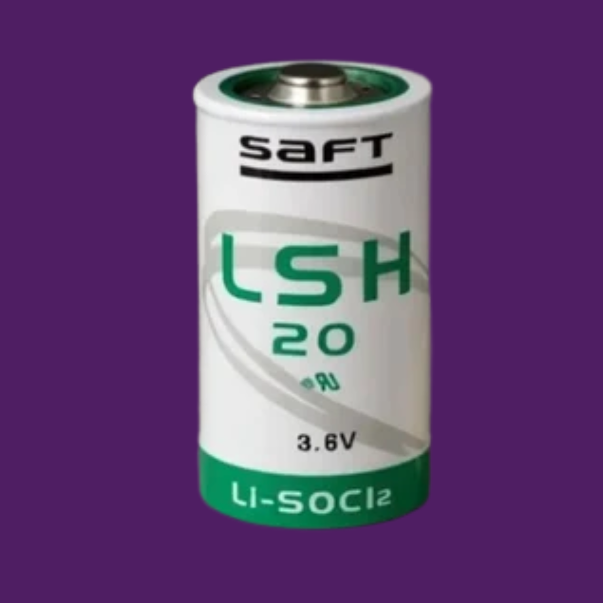 Pile SAFT LSH 20 D cylindrique blanche et verte, avec bornes métalliques et technologie lithium 3,6 V.