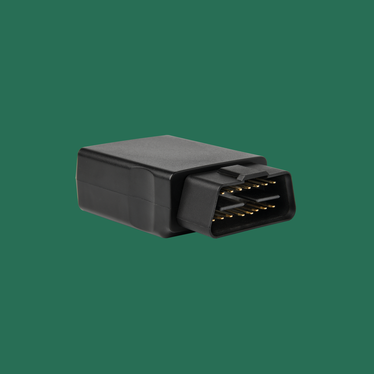 Boîtier GPS OBD noir et compact, avec connecteur multipins rectangulaire et coque en plastique mat.