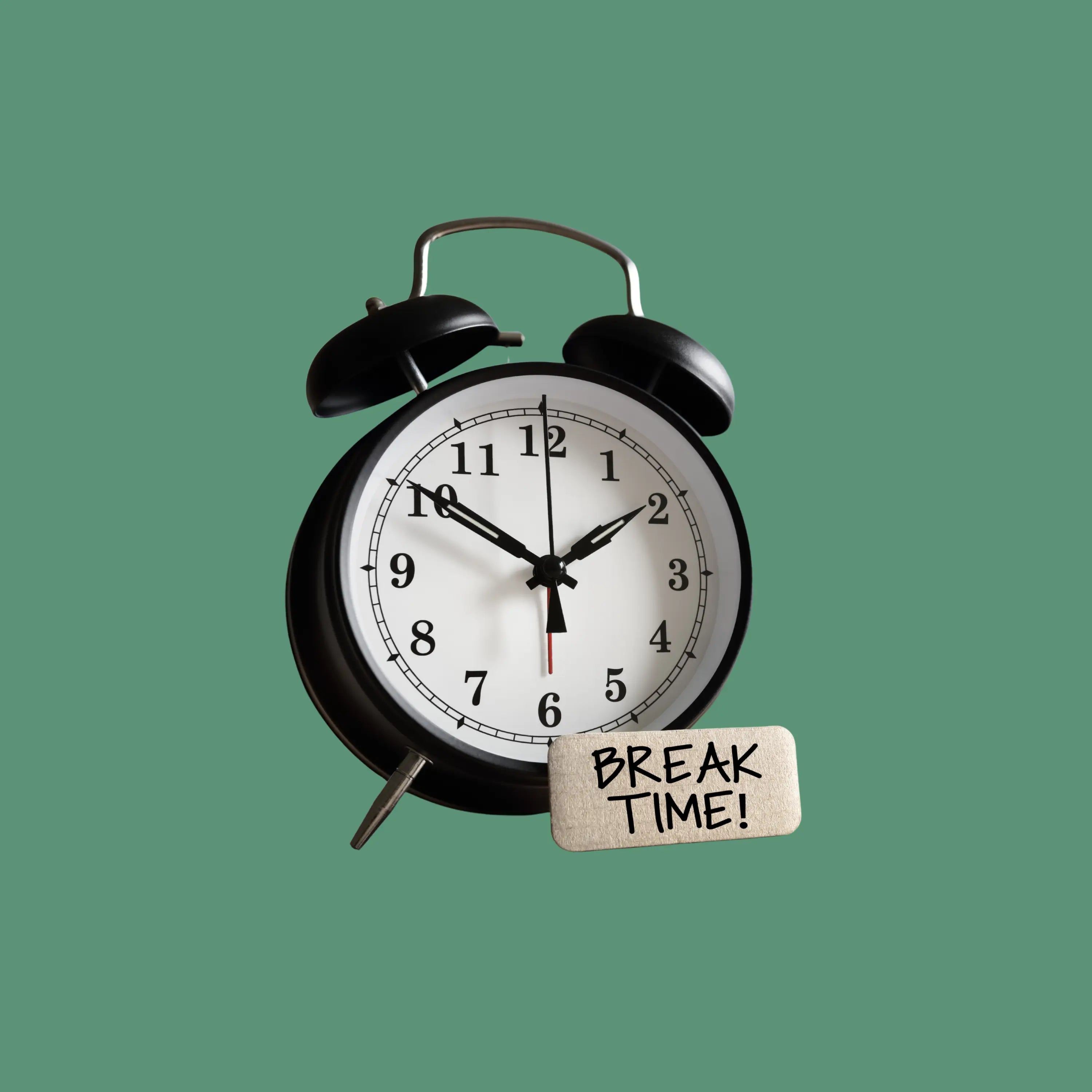 Réveil noir classique avec étiquette "Break Time!" signé HIVEGLOBA, HG, GROUPE INVICTUS, M2M, MONDIAL.