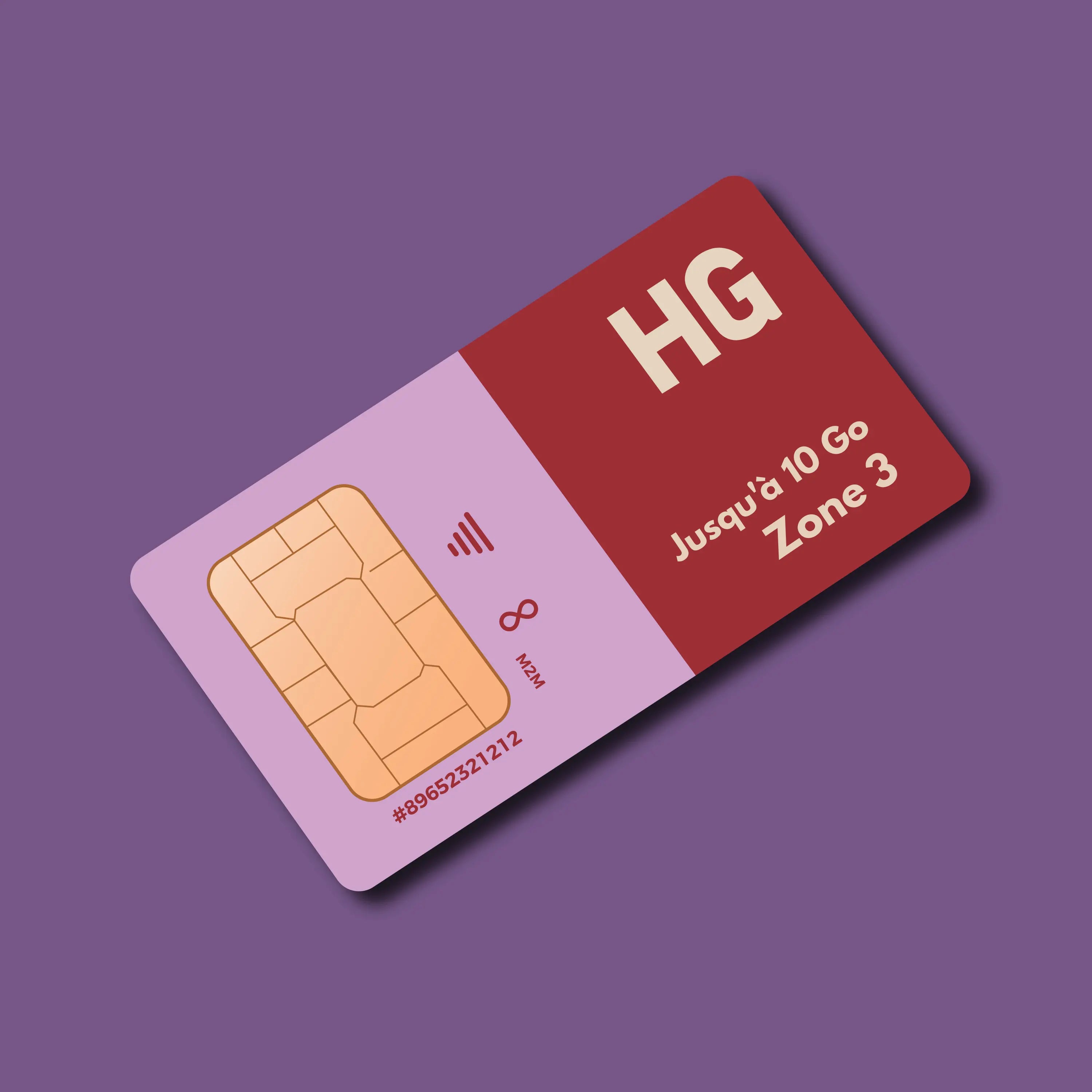 Carte SIM HIVEGLOBA HG rouge et violet pour forfait M2M jusqu’à 10 Go Zone 3 Groupe Invictus Mondial.