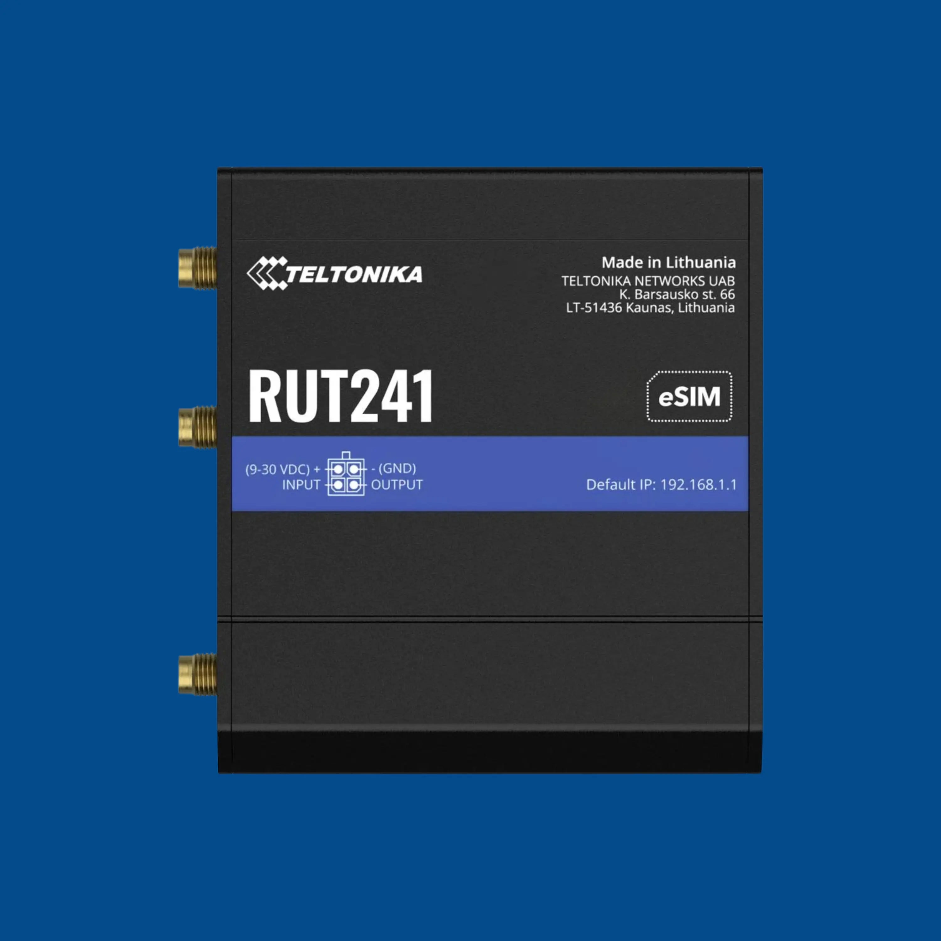 Routeur Teltonika RUT241 noir avec eSIM, antennes M2M, logo HIVEGLOBA et GROUPE INVICTUS, MONDIAL.